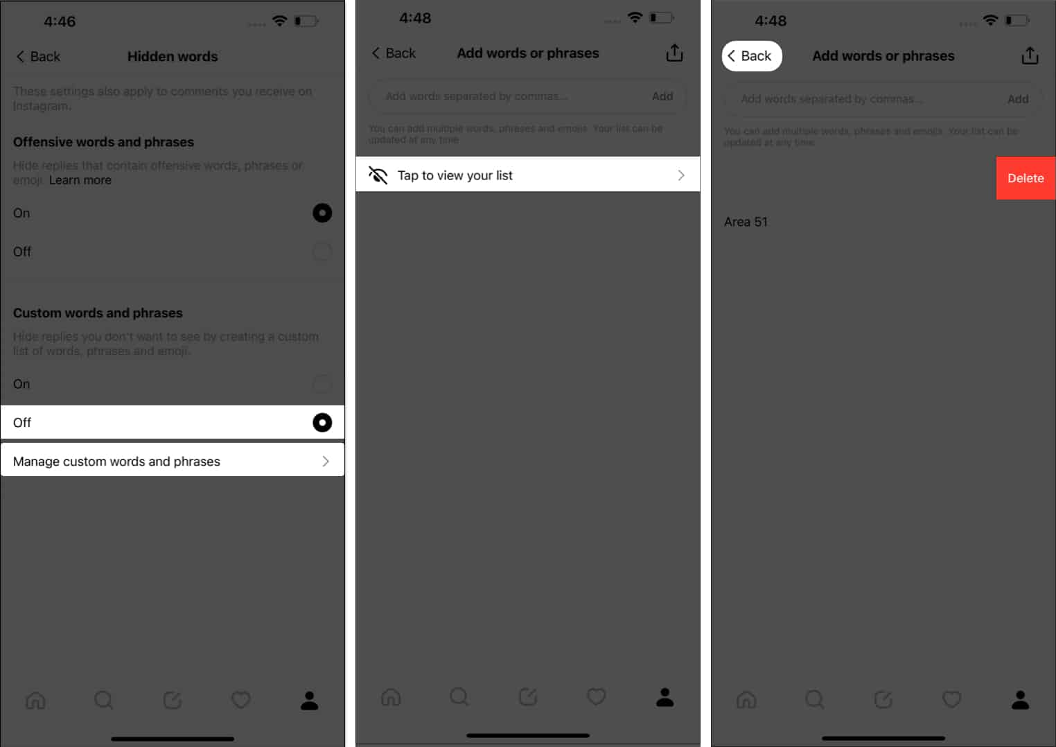 Access the Custom words and phrases tap off tap Manage custom words and phrases Tap to view your list delete back in Threads
