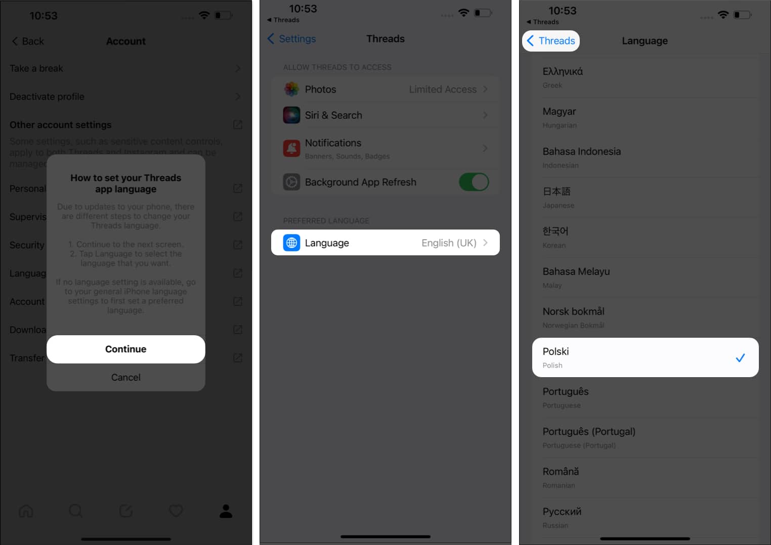 Tap continue language in Threads