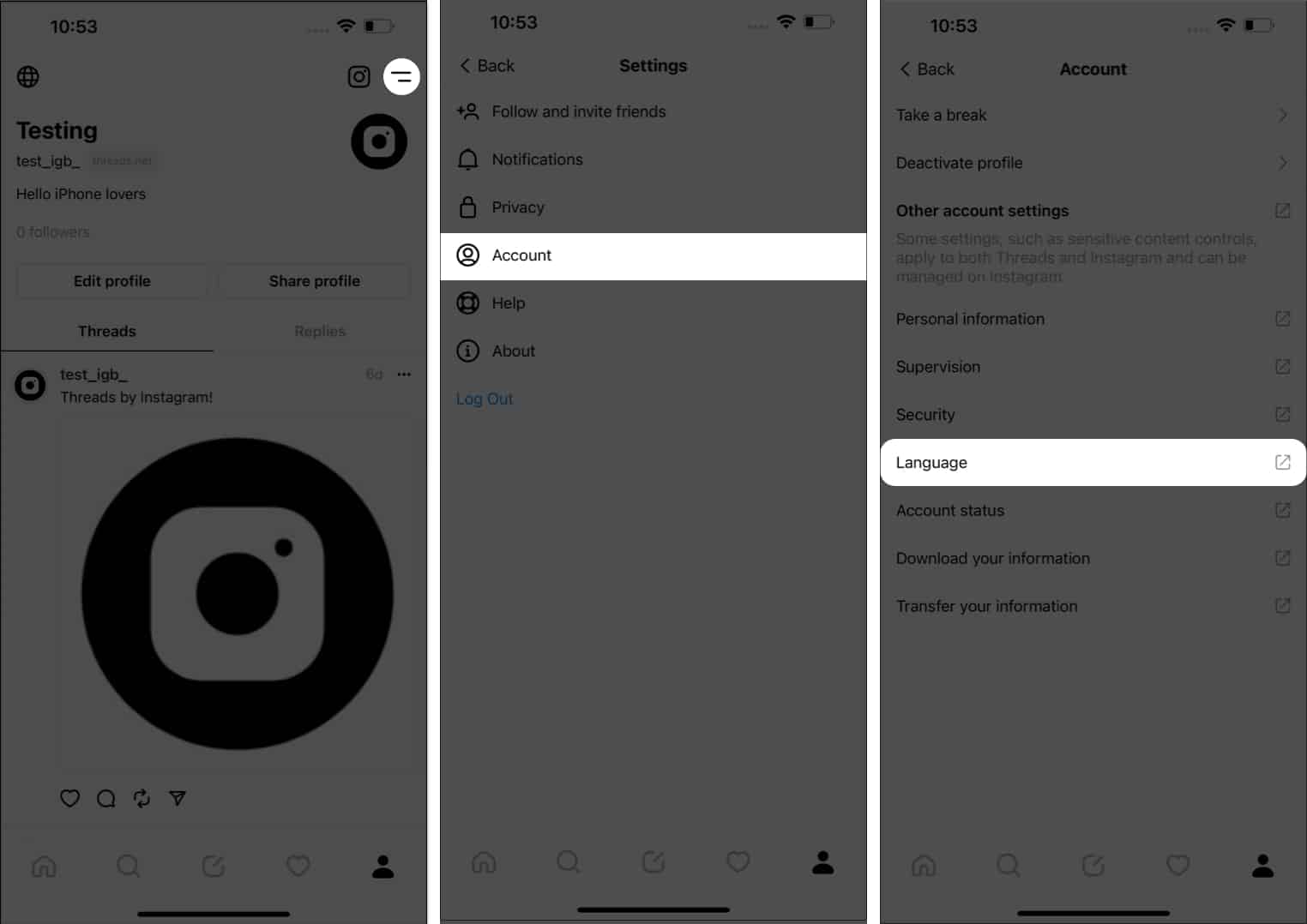Tap menu icon account language in Threads