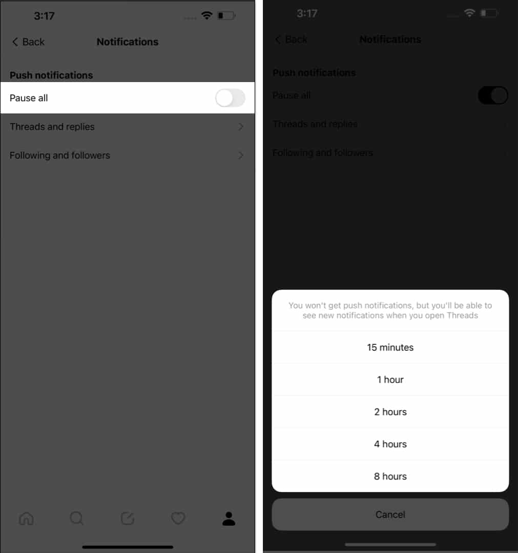 Toggle on Pause All select a time frame in Threads