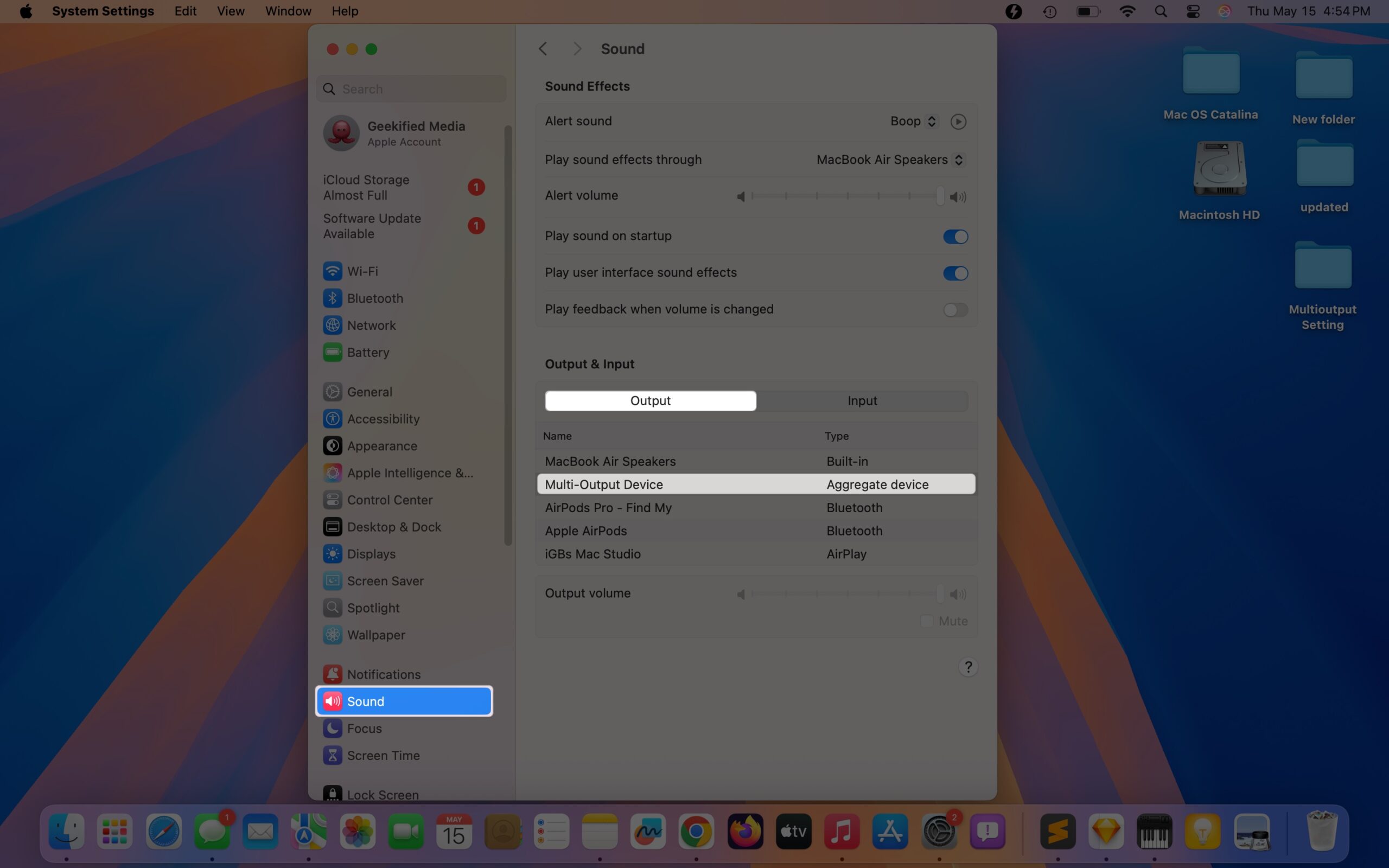 Selecting the new multi output device as the output device in macOS Sound settings