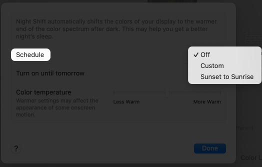 Schedule night shift from display settings on Mac